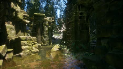 Stone-ruins-in-a-forest,-abandoned-ancient-castle